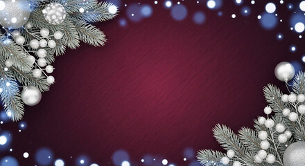 Burgundy background with pine branches, silver bauble and bokeh lights. Represents Christmas holiday season or festive celebration with copy space
