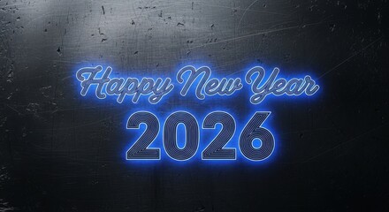Happy new year 2026 blue neon sign glow on scratched surface