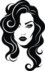 woman, portrait, face, head, hair, flowing, wavy, curly, long hair, black and white, silhouette, illustration, graphic, design, beauty, fashion, style, elegant, dramatic, intense, eyes, lips, makeup, 