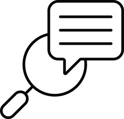Minimal thin-line vector icon combining a magnifying glass and a chat bubble with a tip or hint. Represents problem-solving, guidance, help center, FAQ, advice, search assistance, and suggestions.