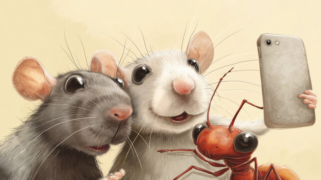 Ilustra&ccedil;&atilde;o criativa de dois ratos com celular e alimento, representando uso de tecnologia, comportamento antropom&oacute;rfico, humor visual, redes sociais e comunica&ccedil;&atilde;o digital