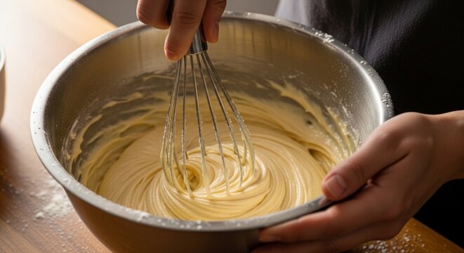 Person whisking batter in a metal bowl, preparing a recipe.