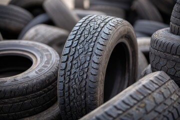 Obraz premium Used tires in a landfill. An environmental problem and a challenge for sustainable recycling. Recycling rubber saves the planet. A sustainable lifestyle. Recycling.