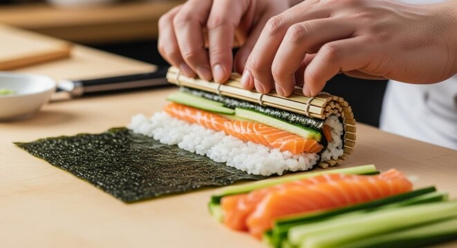 Sushi roll preparation: hands rolling sushi with salmon, cucumber, and rice on nori seaweed using a bamboo mat. - Powered by Adobe