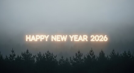 Happy new year 2026 neon text glowing above foggy pine trees
