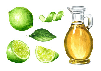 Lime oil set, Hand drawn watercolor illustration, isolated on white background