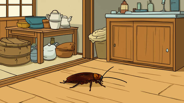 Ilustra&ccedil;&atilde;o de uma barata caminhando no ch&atilde;o de uma cozinha, destacando risco de contamina&ccedil;&atilde;o e necessidade de dedetiza&ccedil;&atilde;o profissional. Estilo cartoon simples e claro