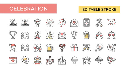 A curated collection of festive line icons representing various celebration and party elements, perfect for event planning and joyful occasions