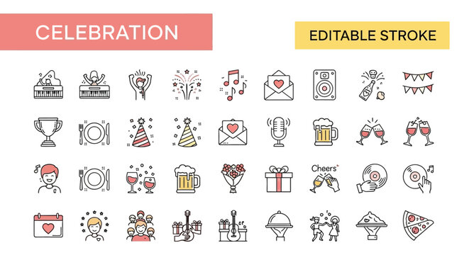 A curated collection of festive line icons representing various celebration and party elements, perfect for event planning and joyful occasions
