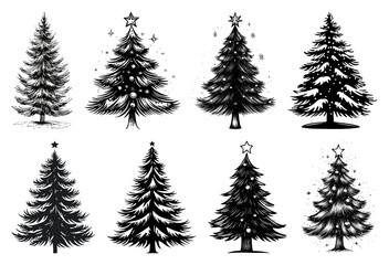 Obraz premium PNG Vintage black Christmas trees illustration, element set on transparent background