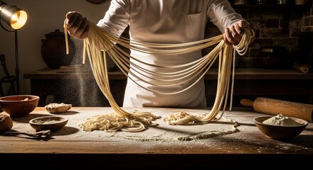 Chef preparing fresh pasta on a wooden table with flour and ingredients.