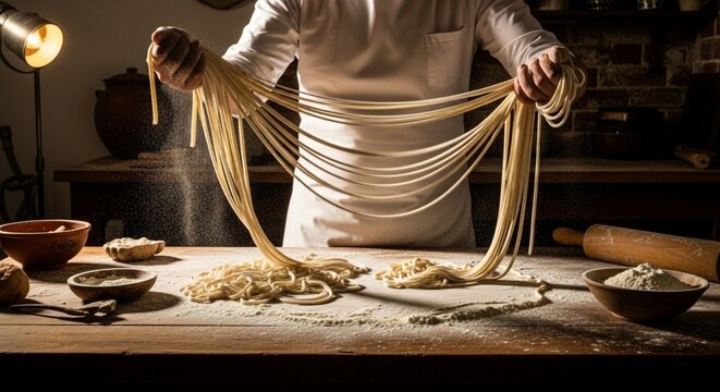 Chef preparing fresh pasta on a wooden table with flour and ingredients.