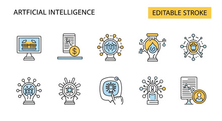 Sleek Line Icon Collection for Artificial Intelligence Concepts – Modern AI, Machine Learning, Data, and Innovation Technology Icons