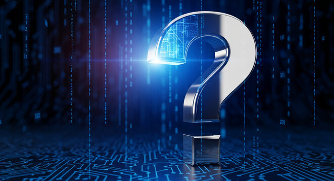 Shiny metal question mark with circuit board filling on a blue digital surface. Represents data, question, uncertainty in technology.