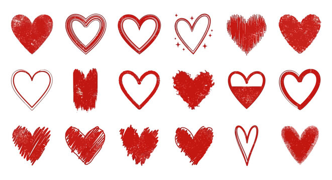A versatile collection of artistic red heart illustrations, showcasing various handcrafted textures and expressive styles for romantic designs and creative projects