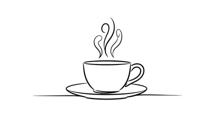Simple line drawing of a steaming hot cup of coffee on a saucer