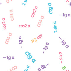 Obraz premium Seamless pattern with mathematical formulas and numbers. Algebra and geometry, calculations tangent, cotangent, sine, cosine.