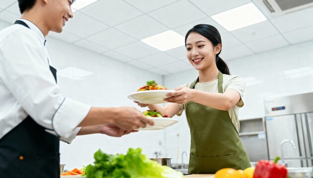 Smiling Asian waitress taking plates of food from a chef in a professional kitchen. Restaurant staff working together as a team. Food service and hospitality industry concept