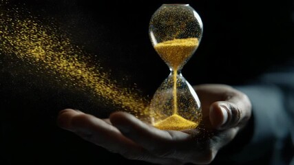Golden hourglass of flowing sand held by adult caucasian male hand - Powered by Adobe