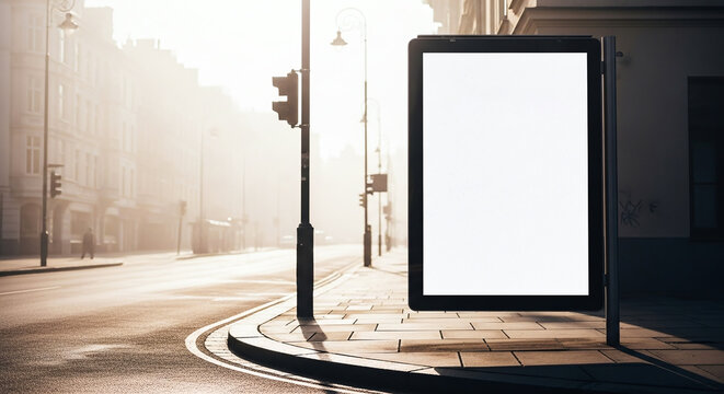 Street poster mockup on city corner with morning mist for design placement