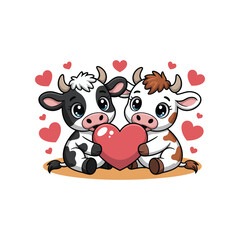 Cute Kawaii Baby Cows Holding a Heart Illustration