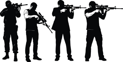 Armed men silhouette set, soldiers and security agents aiming modern assault rifle, tactical military shooting figure vector graphic collection