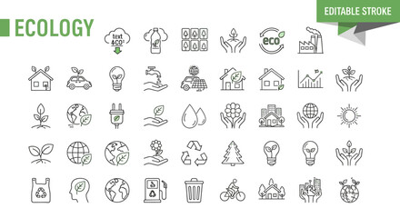 Collection of linear icons showcasing sustainability and eco-friendly living