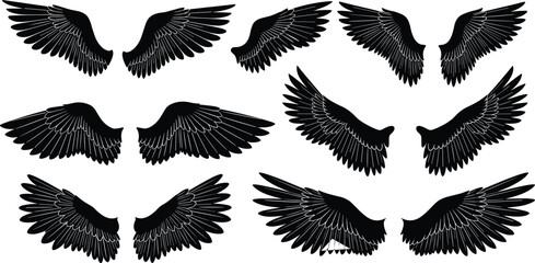 Black angel and bird wings collection silhouette vector illustration set isolated on white background for design