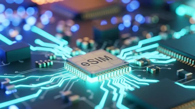 Futuristic Esim Chip Close-Up On Glowing Circuit Board For Tech Innovation