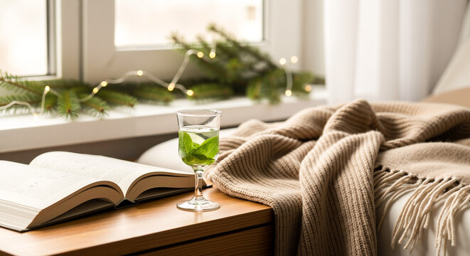 Mint green holiday drink on wooden table with book and cozy blanket  