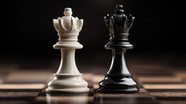 Two chess pieces stand prominently on a wooden chessboard, with a white queen facing a black queen. The scene is illuminated by soft light, highlighting their intricate designs.