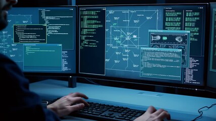 Male it professional working in a dark room, typing on a keyboard, monitoring multiple security systems, data interfaces, and lines of code across several digital displays - Powered by Adobe