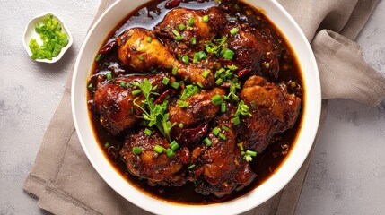 Top view of a Dezhou Braised Chicken, Shandong specialty dish, whole richly braised chicken without rice wine and without Shaoxing wine, dark glossy sauce, presented neatly on a white ceramic plate, 