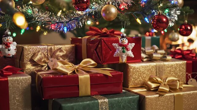 Vibrant Christmas Presents Stacked Under a Twinkling Tree, Adorned with Colorful Lights and Ornaments, Symbolizing Holiday Joy and Festive Celebration