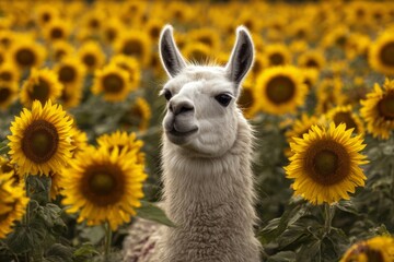 Obraz premium White llama looking at camera in sunflower field
