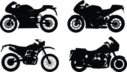Obraz premium Various Motorcycle Silhouettes Collection, Including Sport, Dirt, and Touring Bike Models, Vector Illustration for Transportation and Biker Culture.
