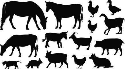 Vector graphic set of domestic farm animals silhouettes, including horse cow goat chicken duck rabbit sheep, black figures on white background