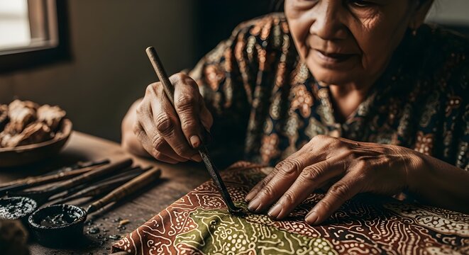 Craftswoman Painting Batik Fabric with Traditional Tools