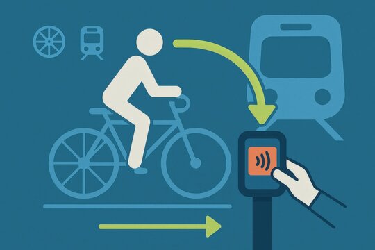 Conceptual illustration of sustainable transportation options featuring a cyclist with integrated public transit systems symbolizing eco friendly mobility solutions for urban commute efficiency
