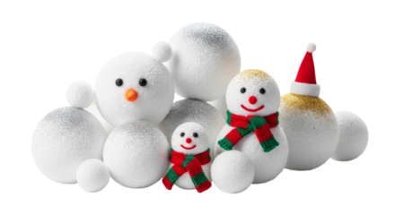 Group of cute snowmen isolated on transparent background for winter holiday