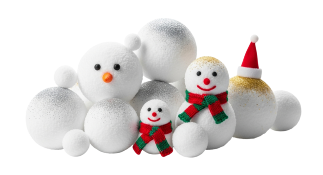 Group of cute snowmen isolated on transparent background for winter holiday