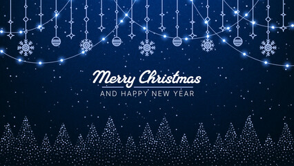 Merry Christmas and Happy New Year message on dark blue background with decorative lights, snowflakes, and festive glitter trees for holiday celebration.
