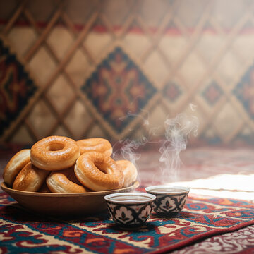Close-up of golden-brown Baursaks arranged in a traditional wooden bowl, next to small, ornate cups of steaming Kazakh tea. Created using generative AI tools