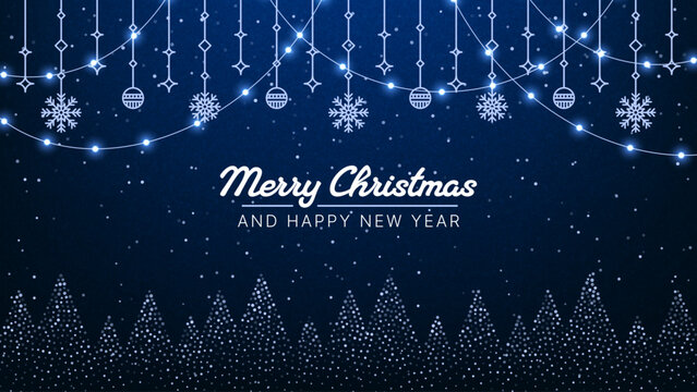 Merry Christmas and Happy New Year message on dark blue background with decorative lights, snowflakes, and festive glitter trees for holiday celebration.