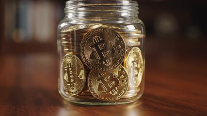 A glass savings jar filled with golden cryptocurrency coins, symbolizing investment in digital assets and financial technology