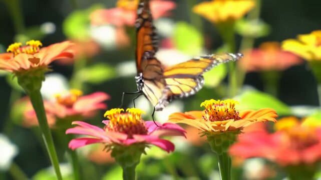 Monarch butterfly landing and feeding on zinnia flowers in a garden creating a vibrant colorful