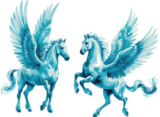Pegasus illustration, winged horses, fantasy vector, mythical creatures, blue gradient, magical design, ethereal artwork, rearing pose, stylized