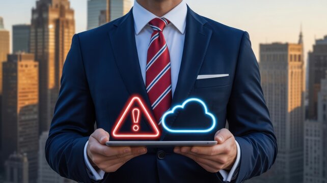 A businessperson holding a tablet with cloud and warning symbols. The image is taken outdoors, showcasing the modern businessman with technological advancements - Powered by Adobe