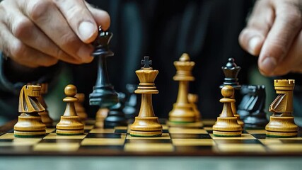 A close-up shot of a person concentrating on a game of chess