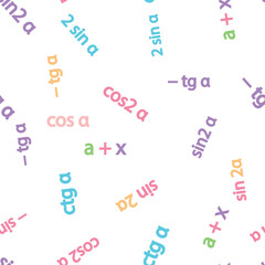 Seamless pattern with mathematical formulas and numbers. Algebra and geometry, calculations tangent, cotangent, sine, cosine.
